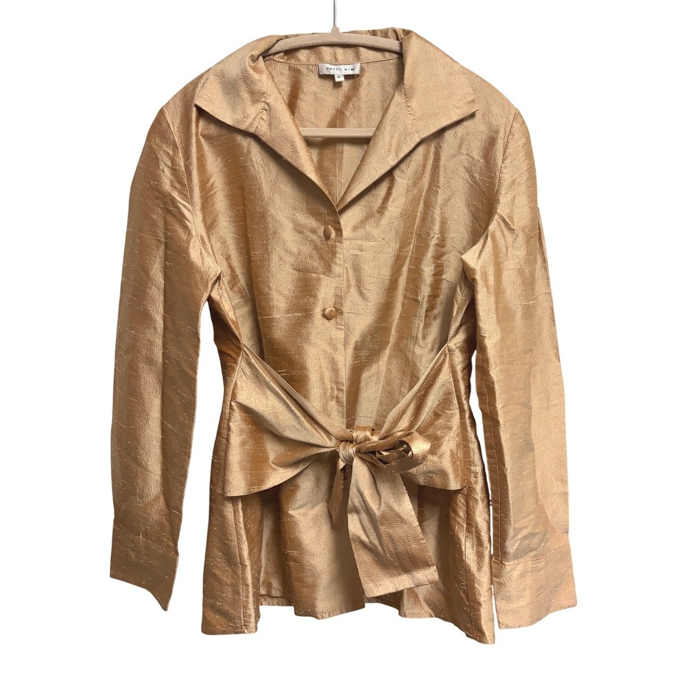 Patty Kim Wrap Front Silk Shantung Blouse Gold Long Sleeve Bow M